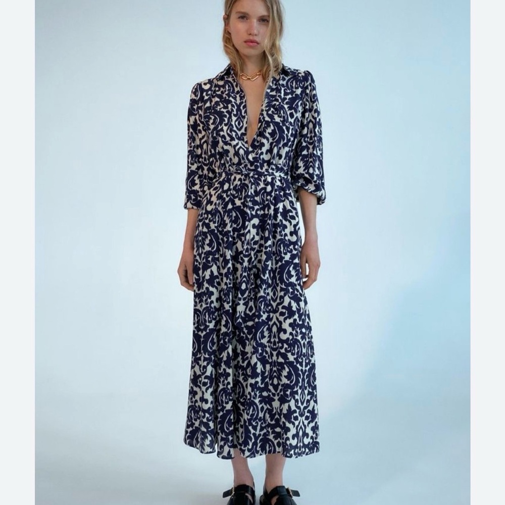 Zara Elegant Navy and White Patterned Dress